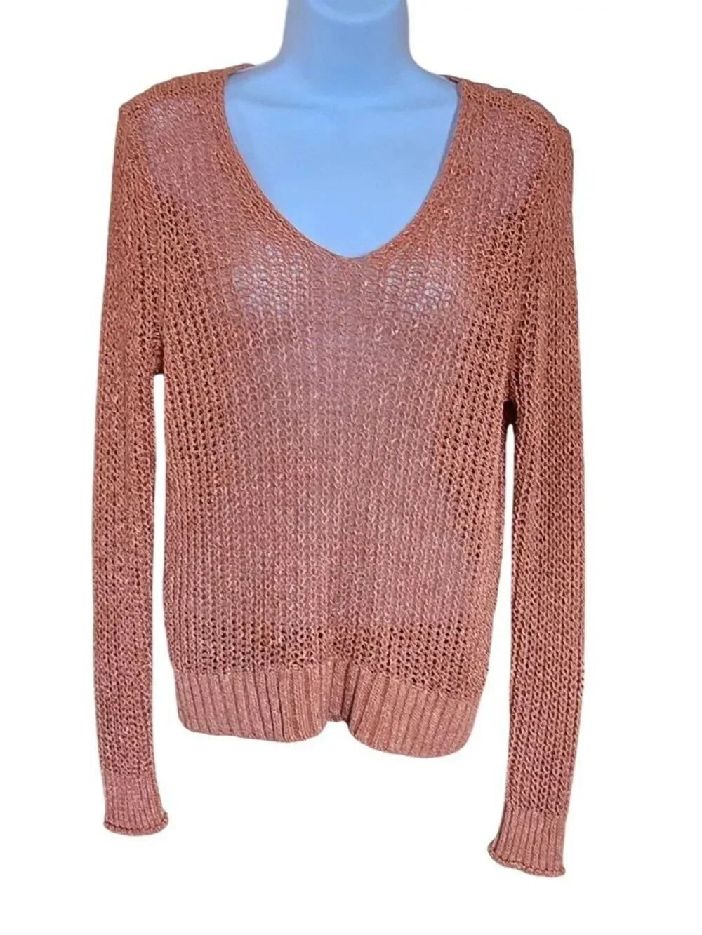 Open KnitβV-Neck Sweater Copper Long Sleeve boho cottagecore nautical beach